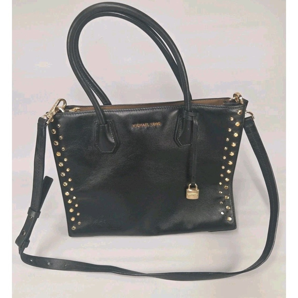 Michael Kors Studio Mercer black gold STUDDED Convert Crossbody Tote bag purse
